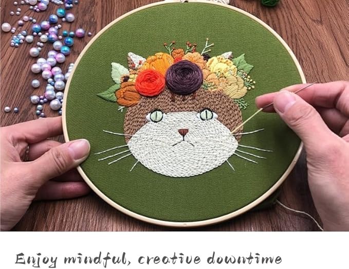 2 Pack Embroidery Kit for Beginners, Pet and Floral Patterns, Learn Different Stitches with Hand Embroidery Kit, 7.8' Hoop, Colored Threads and Needles, Gift for Adults Teens and Dog Cat Lovers (Cat)