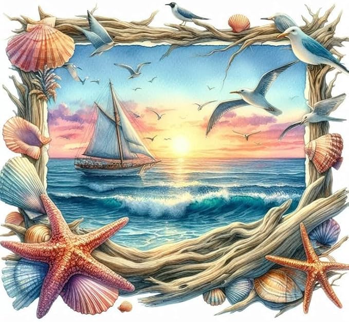 CZYWJMEI 5D Ocean Landscaping Diamond Painting Kits for Adults Beginners,DIY Beach Window Landscaping Diamond Art,Full Round Drill Diamond Dot Gem Art Kits,Home Wall Decor 12x12 Inch