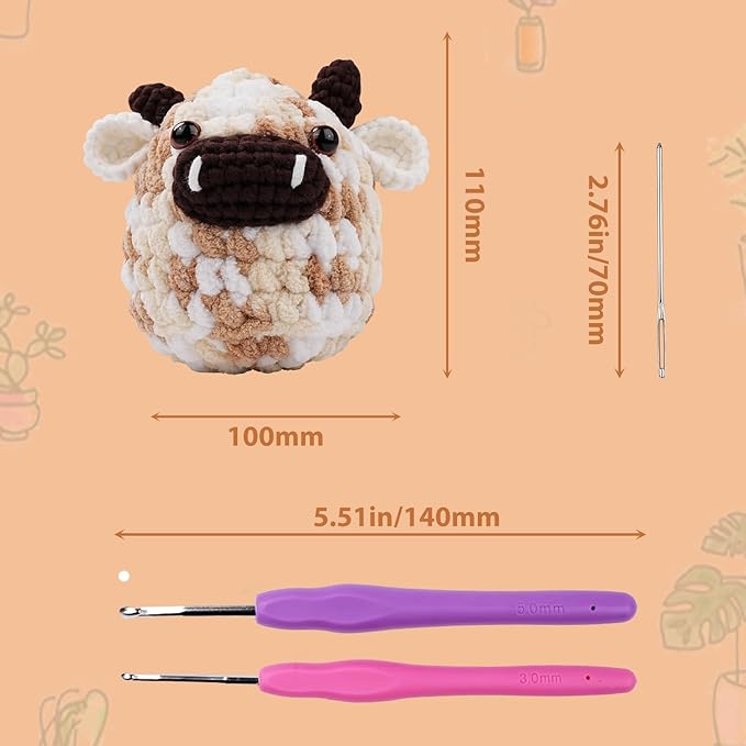 Vanttokeey Crochet Kit for Beginners, Animal Amigurumi Crochet Kits Included, Step-by-Step Video Tutorials, Beginner Crochet Kit for Adults and Kids, Crocheting Starter Set (Cow)