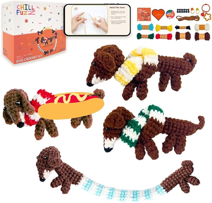 ChillFuzz Animal Crochet Kit Beginner Crochet Kit for Adults with Yarn Hook and Instructions Perfect Handmade Gift Pet Lovers Dachshund Dog Puppet
