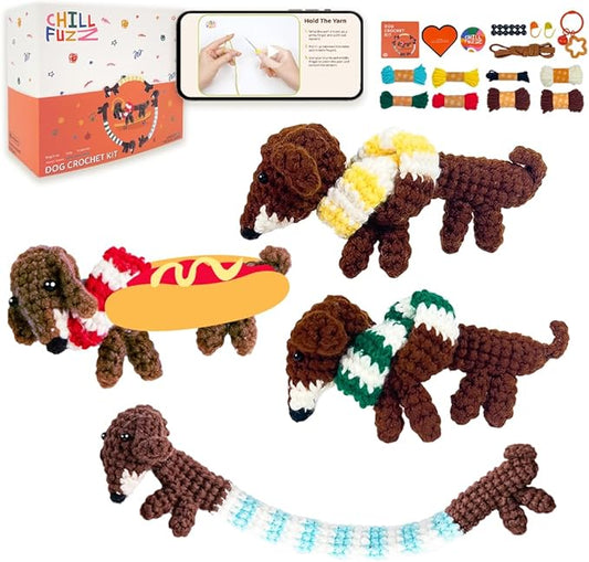 ChillFuzz Animal Crochet Kit Beginner Crochet Kit for Adults with Yarn Hook and Instructions Perfect Handmade Gift Pet Lovers Dachshund Dog Puppet