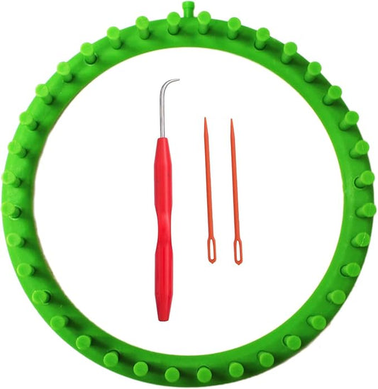 s & e teacher's edition round knitting loom set, round looms for knitting hat scarves socks, 9.5 inch diameter, 36 pegs, green.
