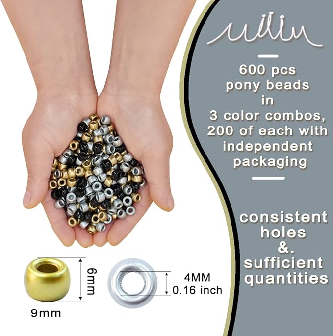 MIIIM 600PCS 6x9mm Pony Beads Bulk, Silver and Gold Pony Beads for Bracelets Making Kit, Kandi Beads, Hair Beads for Braids, Craft Beads for Jewelry Making (Gold)