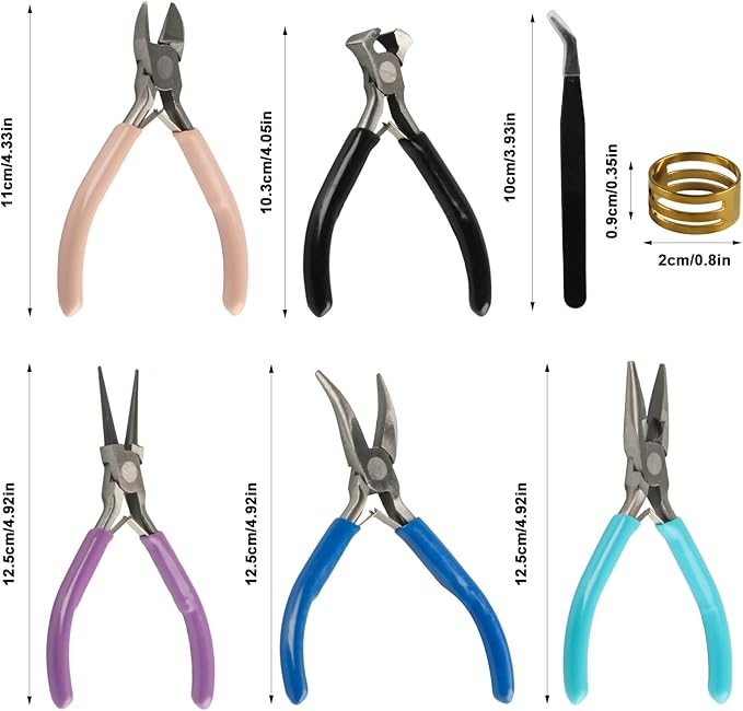 5-Piece Professional Jewelry Pliers Set for Wire Crafting & Repair ： Includes Chain Nose, Round Nose, Bent Nose, Needle Nose & Wire Cutters