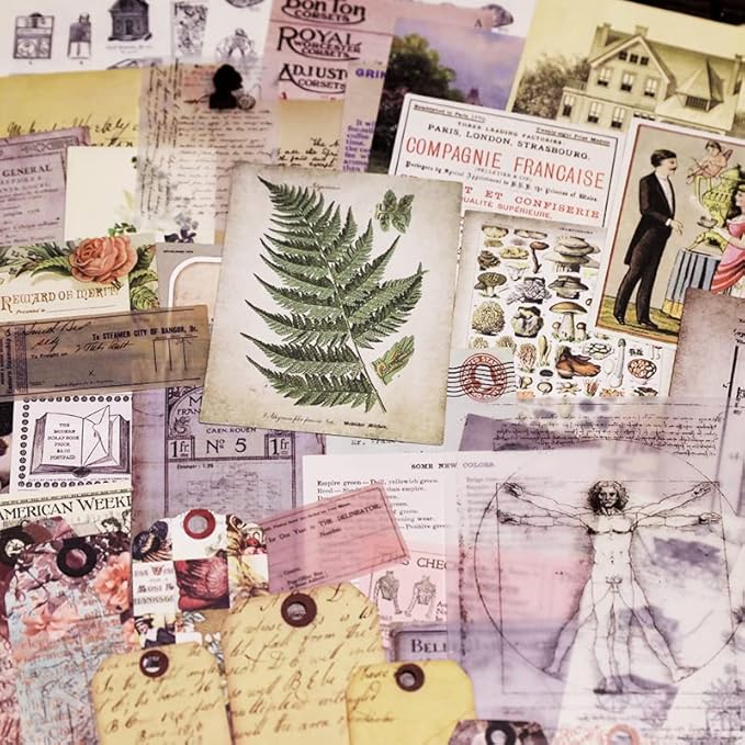 CATaireen Vintage Junk-Journal Mixed Paper Scrapbooking Embellishments Set Retro Journaling Decoupage Stickers Textured Packaging Decorative Cards Tags Kit (Old Photos 3)