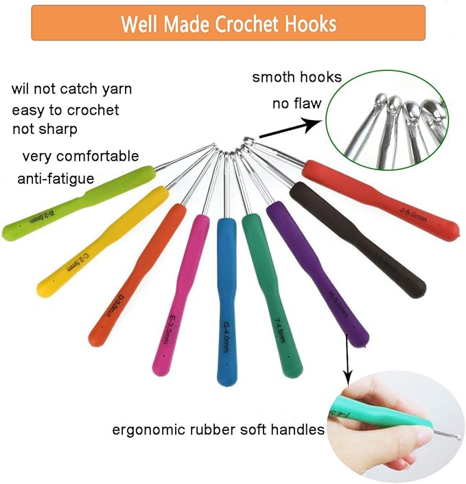 KOKNIT Crochet Hooks Set with Storage Case - 9 Soft Grip Ergonomic Crochet Needles,12 Coloured Aluminum Yarn Crocheting Crochet Hooks,Crochet Kit with Crochet Supplies and Accessories