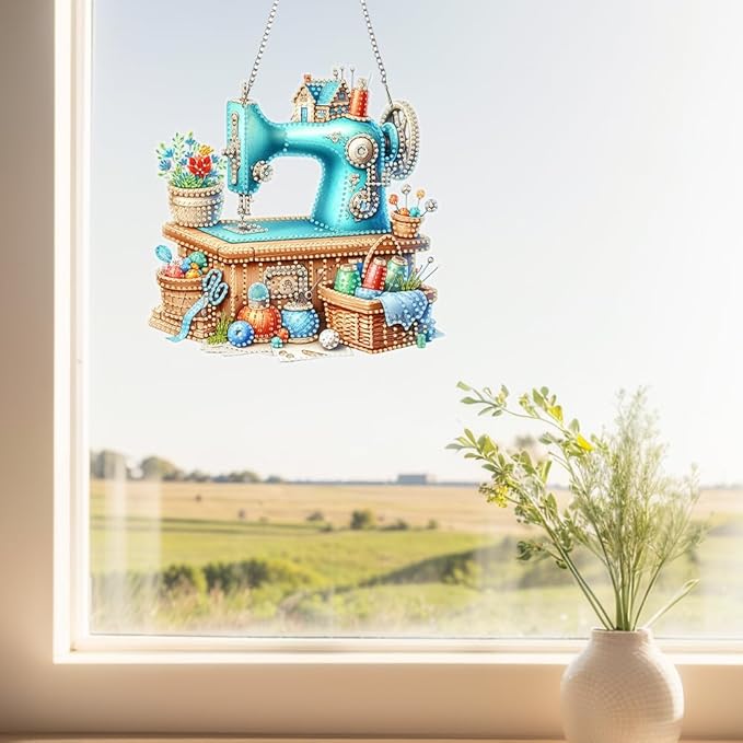 POETRYDRAW DIY Hanging Diamond Art Pendant Kit, 5D Blue Sewing Machine Special Shaped Crystal Diamond Art Window Acrylic Pendant Ornament Wall Art Suncatchers Sign for Home Decoration