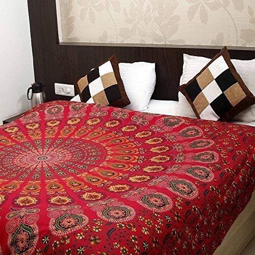 bless international handmade indian hippie bohemian psychedelic peacock mandala wall hanging college dorm beach throws table cloth bedding tapestry (golden red, king(88x104inches)(225x265cms))
