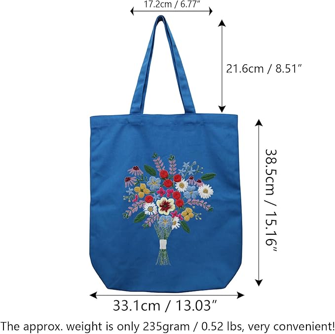 CREAWONDER Canvas Tote Bag Embroidery Kit with Pattern for Beginners, Arts and DIY Embroidery Crafts Kits for Adults, Include Instructions, Thimble, Embroidery Hoops, Color Threads and Tool