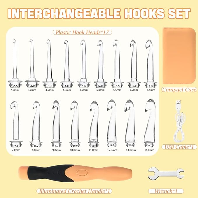 lewhoo 17 sizes light up crochet hooks 2.5mm~14.0mm,rechargeable light up crochet hooks with case