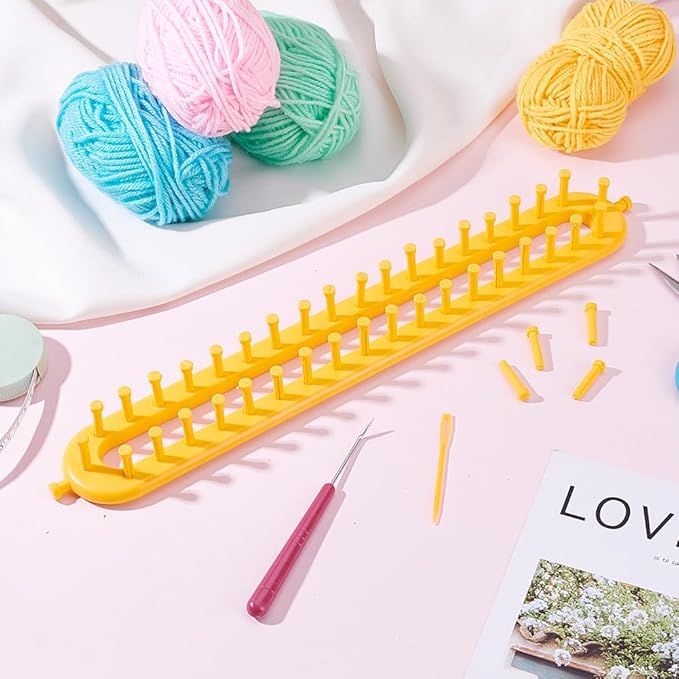 HOBBIESAY Long Knitting Loom 36cm Scarf Knitter Crochet Loom Rectangle Knitting Looms Knitting Kit Orange with Hook Needle for Beginners Scarf Sweater Shawl Blankets Knittings Kit Hole:4mm
