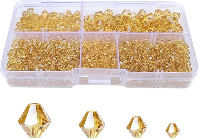 Gold Champagne Bicone Glass Beads for Jewelry Making, Faceted Crytal Spacer Beads for Bracelet Necklace Earring (3mm 4mm 6mm 8mm Mixed Sizes, 1040pcs)