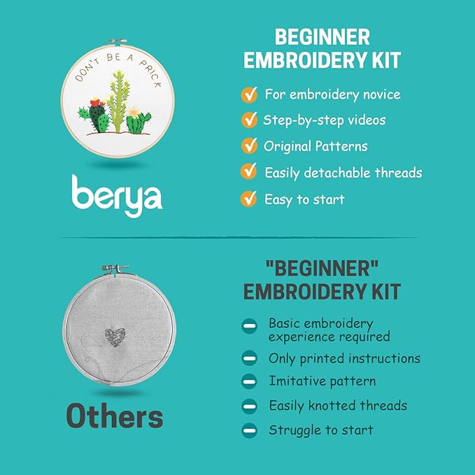 BERYA Cactus Embroidery Kit Including Video Step by Step Instructions Embroidery Hoop,Color Threads and Embroidery Scissors for Beginners-Handmade Needlepoint Kits for Adults