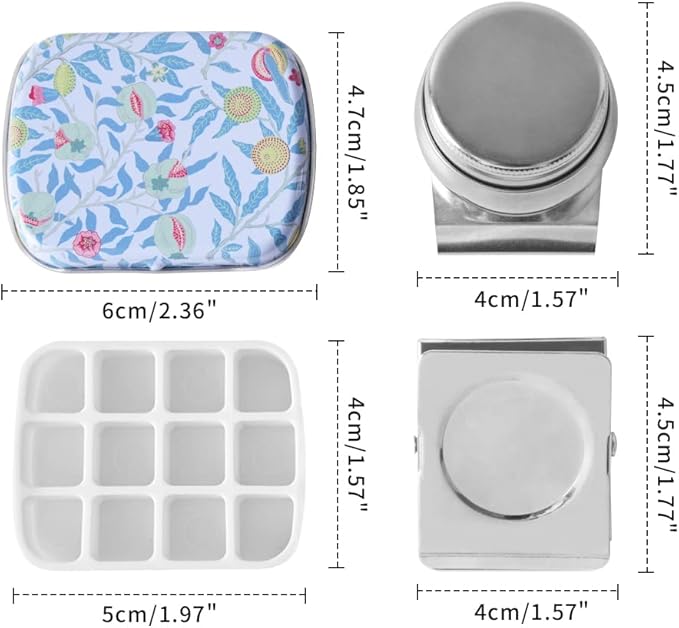 Portable Mini Tin Box 12-Well Empty Watercolor Palette Paint Mixing Tray is a Small Storage Travel Kit with Magnetic Clip and Oil Pot,Making it Perfect for Outdoor Sketching and DIY Painting.Fruit
