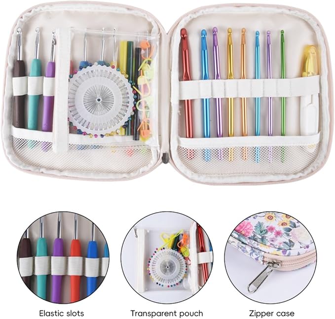 Crochet Hook Case,Portable Zipper Storage Organizer Bag for Crochet Hooks, Knitting Needles, Project & Sewing Supplies, Lightweight,Easy to Hold (No Accessories Included).Beige Flower Clusters