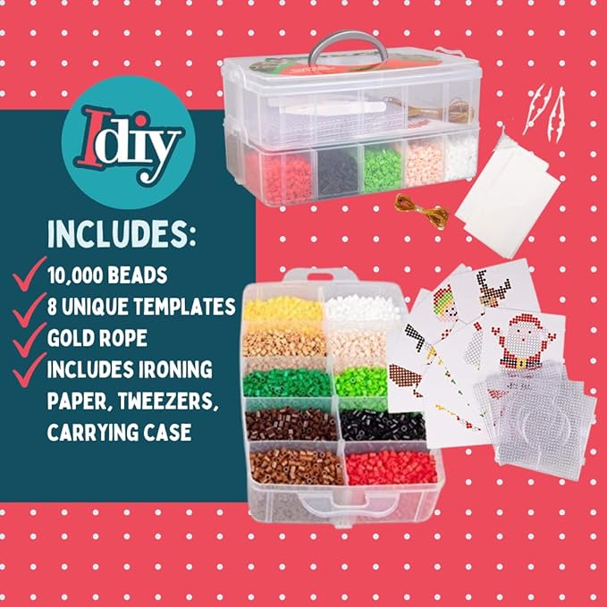 10,000-Piece Holiday Fuse Bead Kit for DIY Xmas Ornaments - 8 Unique Christmas Designs w Peg Boards, Tweezers, Ironing Papers - Great for Homemade Ornaments, Holiday Classroom Parties Family Activity