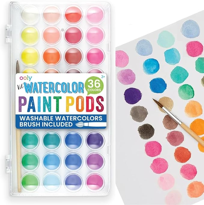 Ooly Lil' Watercolor Washable Paint Pods Set with Brush, 36 colors & 1 Paintbrush, Washable Watercolors in a Portable Case, School and Art Supplies, Bright & Vibrant Colors