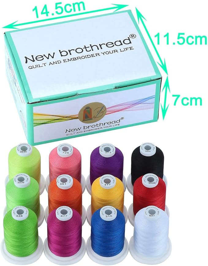 New brothread - 18 Options - Multi-Purpose 100% Mercerized Cotton Threads 50S/3 600M(660Y) Each Spool for Quilting, Serger, Sewing and Embroidery - 12 Bright Colors