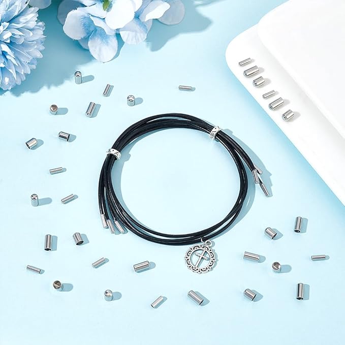 UNICRAFTALE 90Pcs 3 Sizes Stainless Steel Cord Ends 24mm Column Cone Leather Jewelry Making Caps Bracelet Ends Terminators for Necklace Making