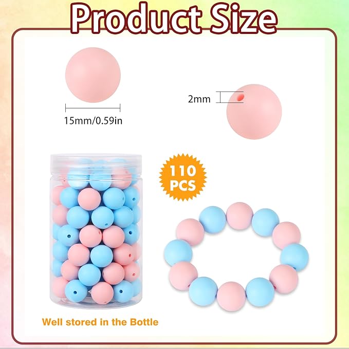 110 Pcs Silicone Focal Beads, EVERMARKET 15mm Silicone Beads for Keychain Making, Round Silicone Beads Bulk with Bottle, Rubber Loose Beads for Pens Crafts Necklace Bracelet Lanyard (Light Pink Blue)
