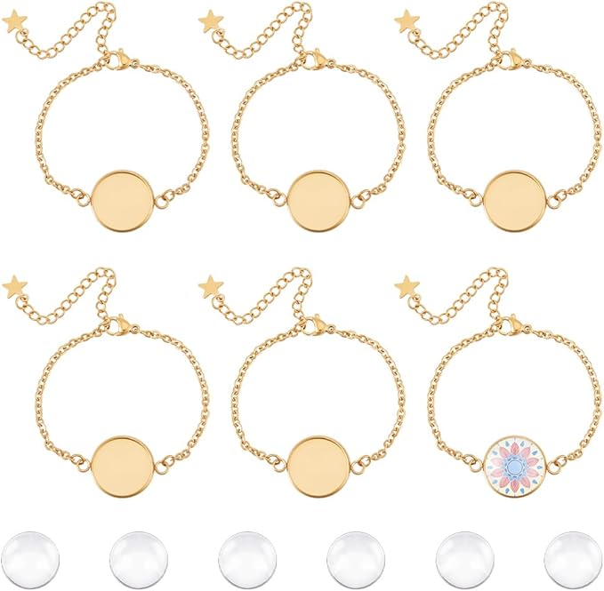 UNICRAFTALE 6 Sets Bracelet Bezel Settings Stainless Steel Bezel Bracelets Bracelets Blanks Adjustable Blank Tray Bangle Settings with Round Cabochon Gold Bezel Trays for Bracelet Making 14.4cm Long