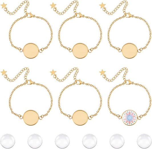 UNICRAFTALE 6 Sets Bracelet Bezel Settings Stainless Steel Bezel Bracelets Bracelets Blanks Adjustable Blank Tray Bangle Settings with Round Cabochon Gold Bezel Trays for Bracelet Making 14.4cm Long
