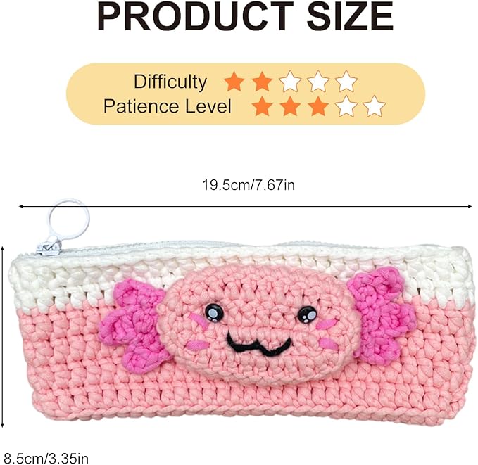 Axolotl Crochet Kit for Beginners, Learn to Crochet Pencil Bag Starter Set with Video Tutorial & Crocheting Manual, Easy Yarn Knitting Kit for Adult, DIY Amigurumi Birthday Xmas Gift Idea