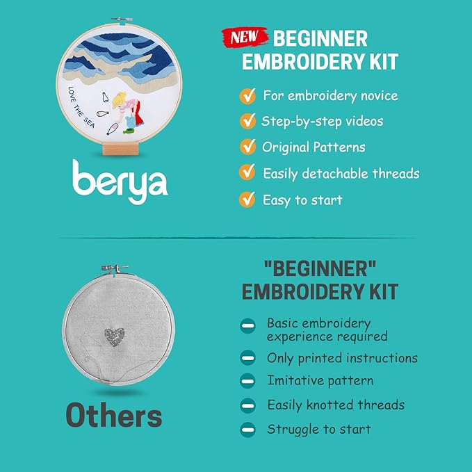BERYA Embroidery Kit for Adult Beginners, Sea Embroidery Kit with Step-by-Step Instructions and Video, Printed Cloth, 7.87" Hoop, Display Stand, Color Threads and Tools for Craft Lover(BEH001)