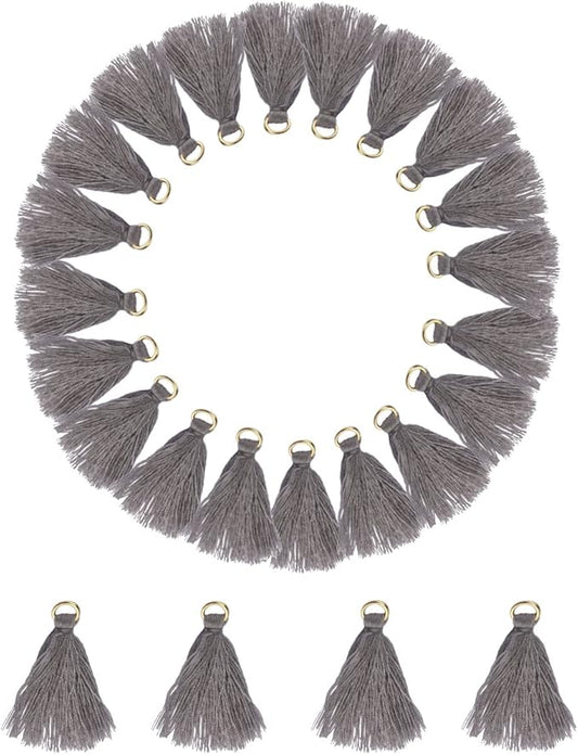 MSCFTFB 100 Pieces Mini Tassels with Jump Rings Mala Tassel Kit for Earring Necklace Jewelry Making Garland Keychain Charms Crafts Decorations (Grey)