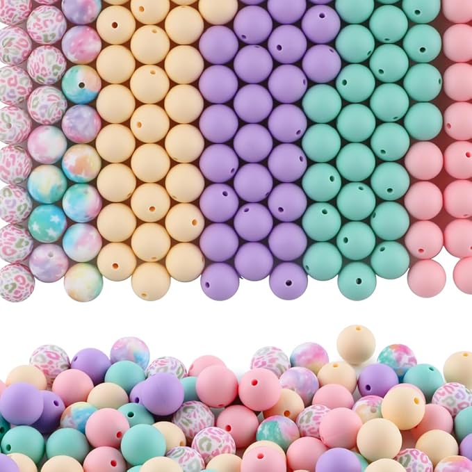 150Pcs Mixed Color 15mm Silicone Beads for Keychain Making, Mixed Color Print Print Silicone Beads for Pens and Bracelet Jewelry Making