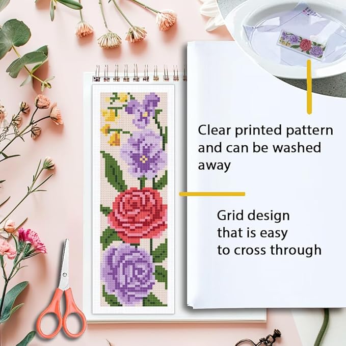 ORIGACH 6 Set Flower Cross Stitch Bookmark Kit for Beginners Red Rose Stamped Embroidery Kit Include Backing Felt and Instruction Beginner Cross Stitch Kits for Adults
