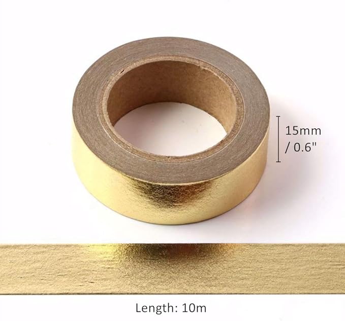 MEI YI TIAN 6 Rolls Solid Gold Foil Washi Tape Set 15mmx10m Gilding Paper Adhesive Masking Tapes Sticky Paper Tape Roller for DIY Scrapbooking Journal Crafts Art Home Decoration