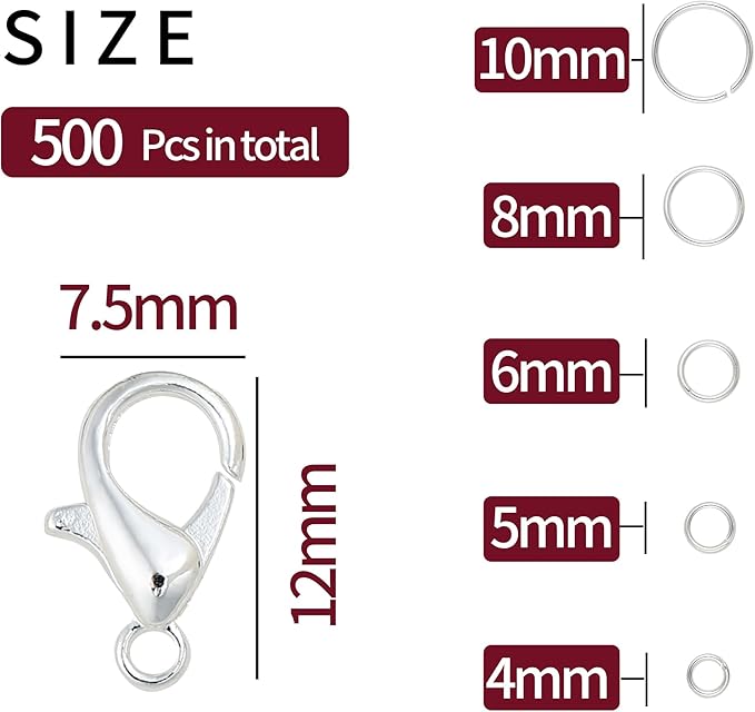5 Sizes Silver and Gold Open Jump Rings, 500PCS O Rings and Lobster Clasps, Small and Large Jump Rings for Jewelry Making and Keychains