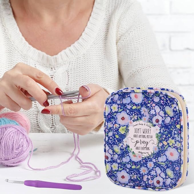 Crochet Hook Case,Portable Zipper Storage Organizer Bag for Crochet Hooks, Knitting Needles, Project & Sewing Supplies, Lightweight,Easy to Hold (No Accessories Included).Royal Blue Flowers