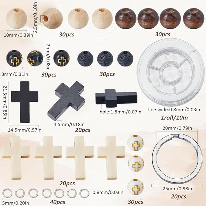 SUNNYCLUE 250Pcs Keychain Making Kits Wooden Cross Charm Wood Cross Bead Black White Natural Lava Rock Beads Mini Crucifix Charm Wood Cross Charms Split Key Ring for Keychains Bracelets DIY Crafts