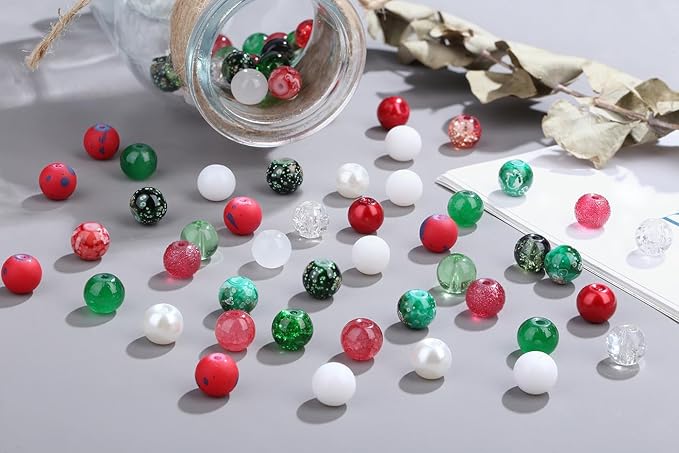 DUQGUHO Christmas Beads, Christmas Beads for Jewelry Making, 8mm Red Green White Round Glass Beads Kit 360PCS