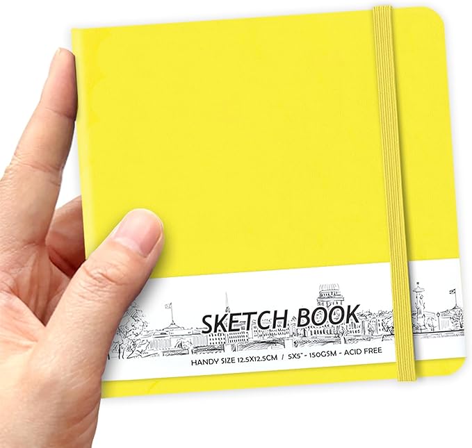 5" x 5" Hardcover Sketch Book,Small Mixed Media Sketch Pad,58 Sheets 150GSM Acid-Free Artist Drawing Paper,Travel Journal Blank Notebook for Adults Painting,Illustration,Art Supplies.Bright Yellow