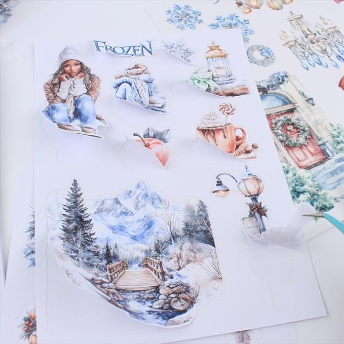 Ice and Snow Winter Scrapbook Stickers for Scrapbooking Supplies, 20 Sheets A5 Washi Paper Transparent PET Die Cut Stickers Book for Journaling, Junk Journal, Collage, Adults Crafts Arts