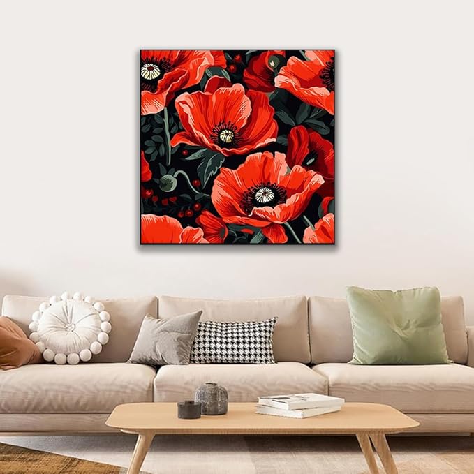 JUJUHOOD Red Poppy Paint by Numbers Kit for Adults Beginner & Kids Ages 8-12, Easy Flower Paint by Number Without Easel, Simple Paint by Numbers for Gift Home Wall Decor (10x10Inch)