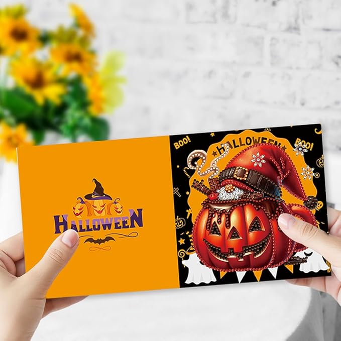 5D DIY Diamond Painting Greeting Card Kit, Diamond Art Halloween Pumpkin Gnome Holiday Greeting Card, Art Crafts Kit Creative Gift with Envelope (6pcs-Yellow)