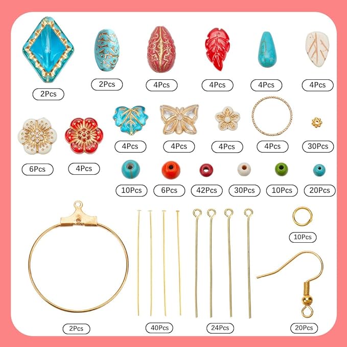 SUNNYCLUE 1 Box DIY 10 Pairs Boho Earring Making Kit Turquoise Charms Baroque Style Tibetan Gold Plating Metal Enlaced Spring Leaves Clear Flower Butterfly Charms for Jewelry Making Kits Women Adults