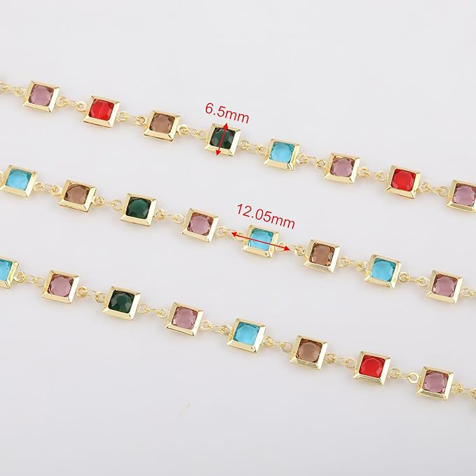 UMAOKANG 9.8 Feet 18K Gold Plated Brass Chains for Jewelry Making Colorful Square Rhinestone Jewelry Making Chain Decorative Craft Chain Roll