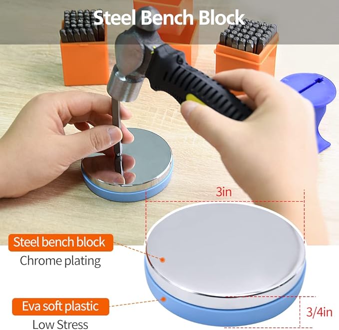 74pcs Metal Stamping Kit, DkOvn Complete Jewelry Making Stamping Tools with 1/8" (3mm) Font Uppercase & Lowercase Letter and Number Punch, Metal Stamping Jig, Hammer and Steel Bench Block