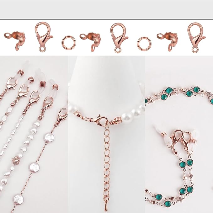 800 Pcs Jewelry Making Accessories Set with 100 Pieces Lobster Claw Clasp 200 Pieces Bead Tips Knot Covers and 500 Pieces Open Jump Ring Connectors DIY Jewelry Making Supplies(Rose Gold)