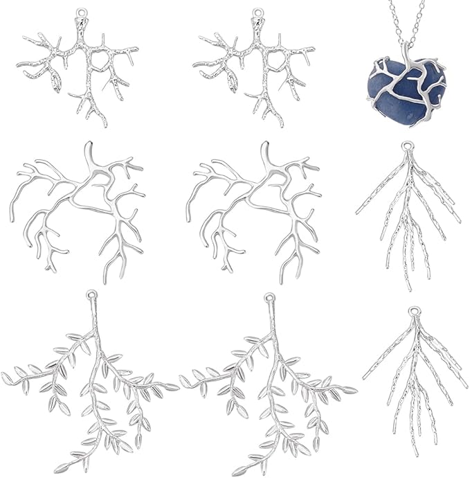 PH PandaHall 8pcs 4 Styles Branch Shape Blanks, Brass Pendant Trays Bezel Metal Claw Cage Pendant Frames Pendants Holder for Irregular Gemstone Cabochons Rhinestones DIY Jewelry Making, Silver