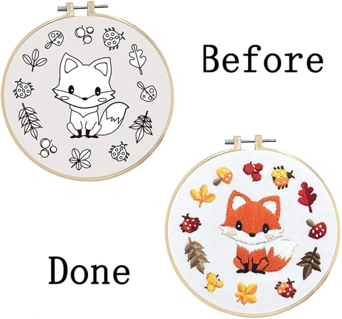 Louise Maelys Starter Embroidery Kits with Fox Pattern DIY Full Range Easy Needlepoint Cross Stitch Kits for Adults, Beginners with Stamped Animal Pattern