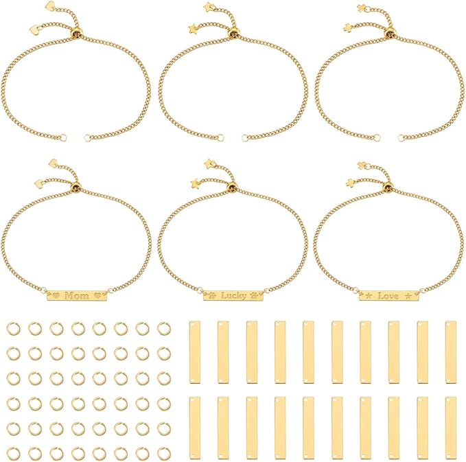 UNICRAFTALE DIY 304 Stainless Steel Rectangle Link Bracelet Making Kits Golden Engravable Bracelets Blank Tags Links Connectors 25cm Slider Bracelet 3.5mm Open Jump Rings for Bracelets Jewelry Making