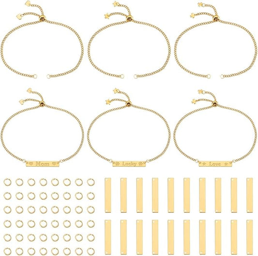 UNICRAFTALE DIY 304 Stainless Steel Rectangle Link Bracelet Making Kits Golden Engravable Bracelets Blank Tags Links Connectors 25cm Slider Bracelet 3.5mm Open Jump Rings for Bracelets Jewelry Making
