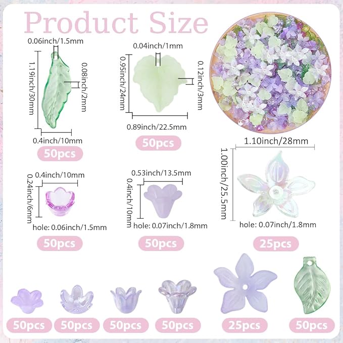 500Pcs Acrylic DIY Flower Leaf Beads Kits Including Assorted Purple Flower Loose Beads Maple Leaf Pendants Charms Acrylic Floral Caps for Earring Bracelet Necklace Craft Jewelry Making