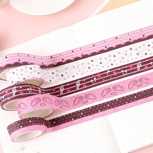 5Rolls Pink Strawberry Musical Note Glitter Washi Tape Set Decorative Star Masking Tapes Bulk Cute Washi Sticker for Journaling Kawaii Sparkling Scrapbook Tape Supplies for Craft Scrapbooking Journal